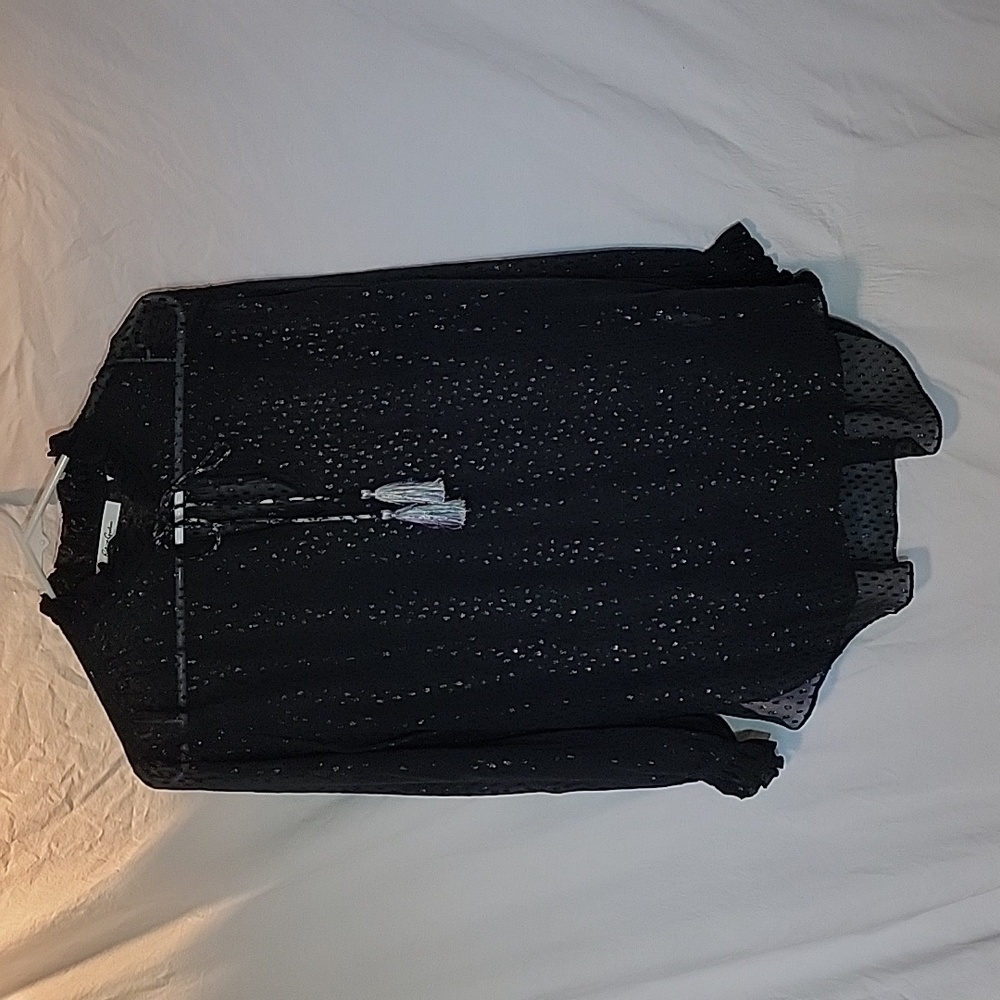 ROBERT GRAHAM NAVY METALLIC RUFFLE NECK SILK-NYLON SHEER BLOUSE-XS.